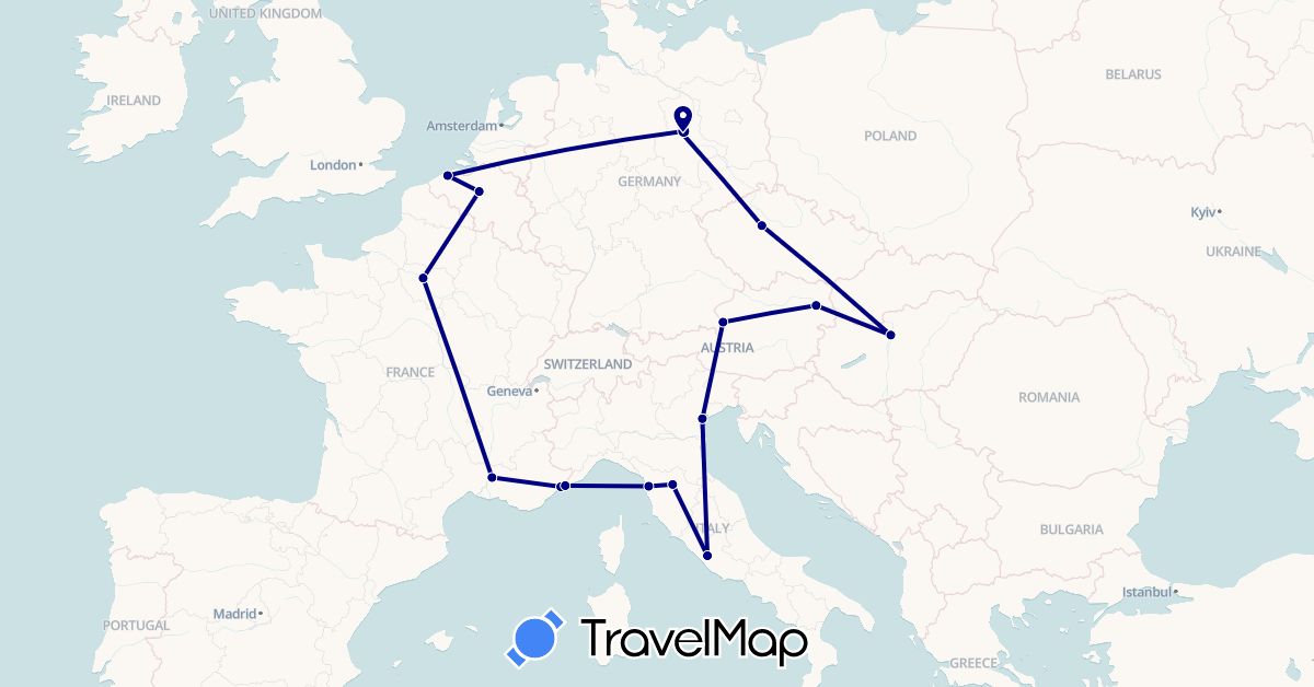 TravelMap itinerary: driving in Austria, Belgium, Czech Republic, Germany, France, Hungary, Italy, Monaco (Europe)